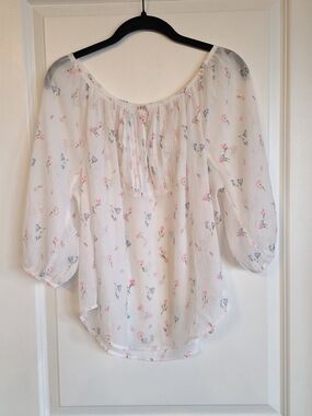 Abercrombie & Fitch White Floral Tie-Neck Peasant Top